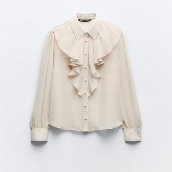 Zara Tops - Zara Crème Ruffle Textured Button Down Blouse Size Medium